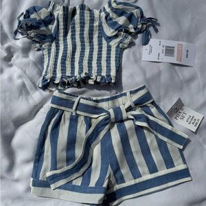 NWT Striped Blue & Cream Two-Piece Set with Puff Sleeve Top